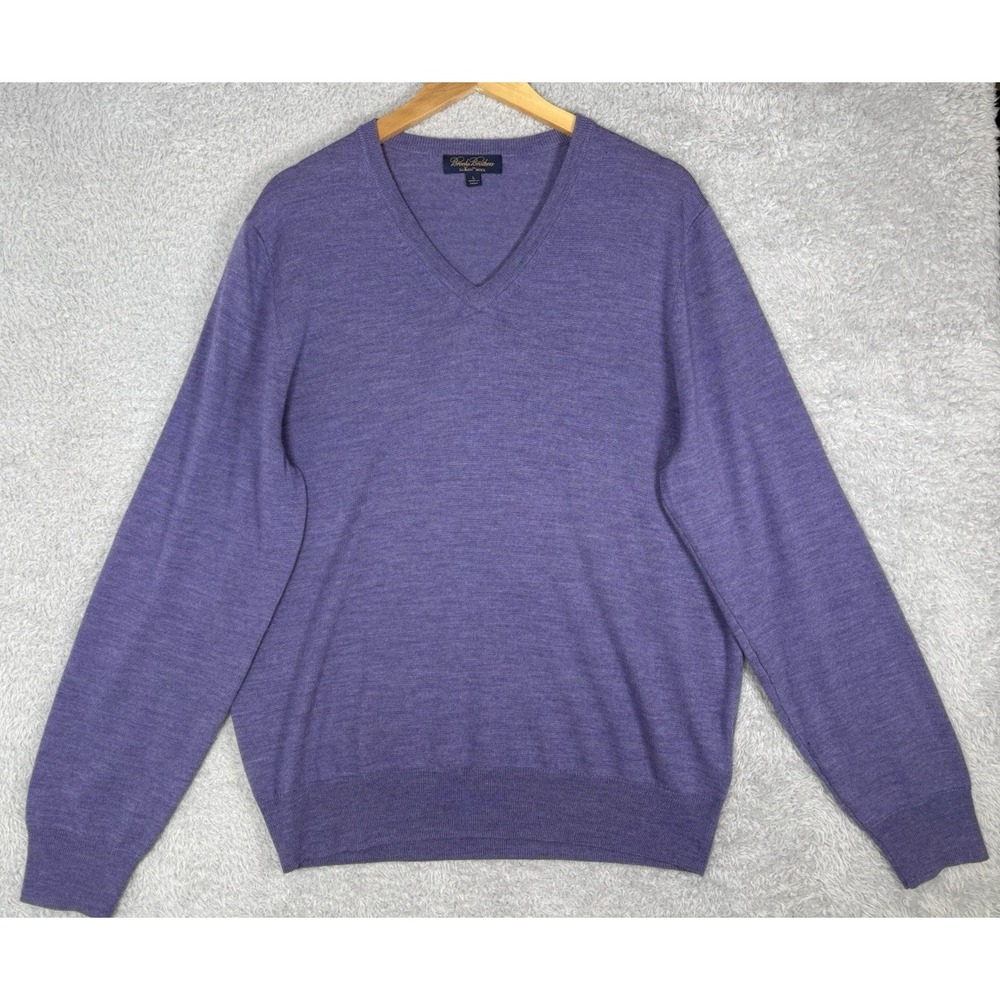 Brooks Brothers Mens L Saxxon Wool Sweater Purple V Neck Knit Pullover Preppy